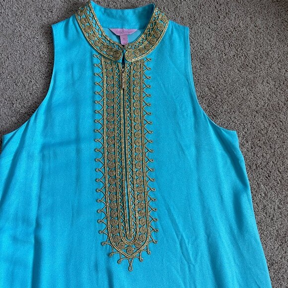 Lilly Pulitzer IBIZA BLUE JANE SHIFT DRESS Gold Braid Nehru Sleeveless Dress Sz6 - Picture 3 of 12
